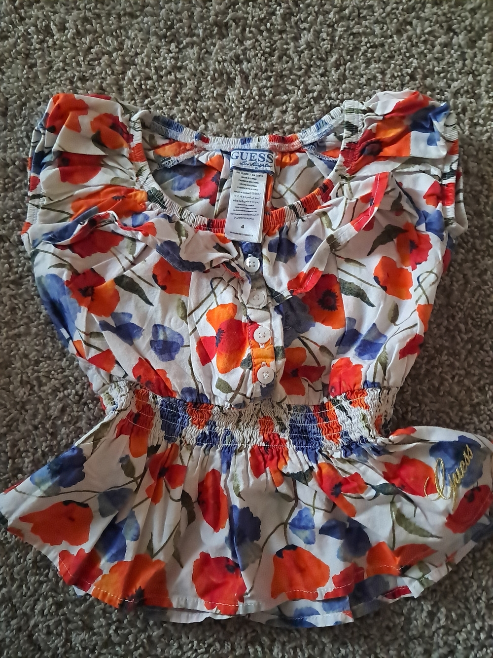 GUESS Girls' White Floral Ruffle Waist Dress - Orange & Blue